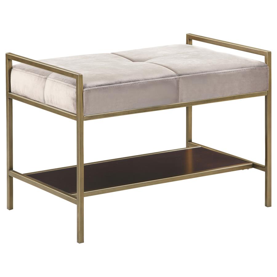 Maria Velvet Upholstered Bench with Shelf Grey and Gold (image for) Maria Velvet Upholstered Bench with Shelf Grey and Gold