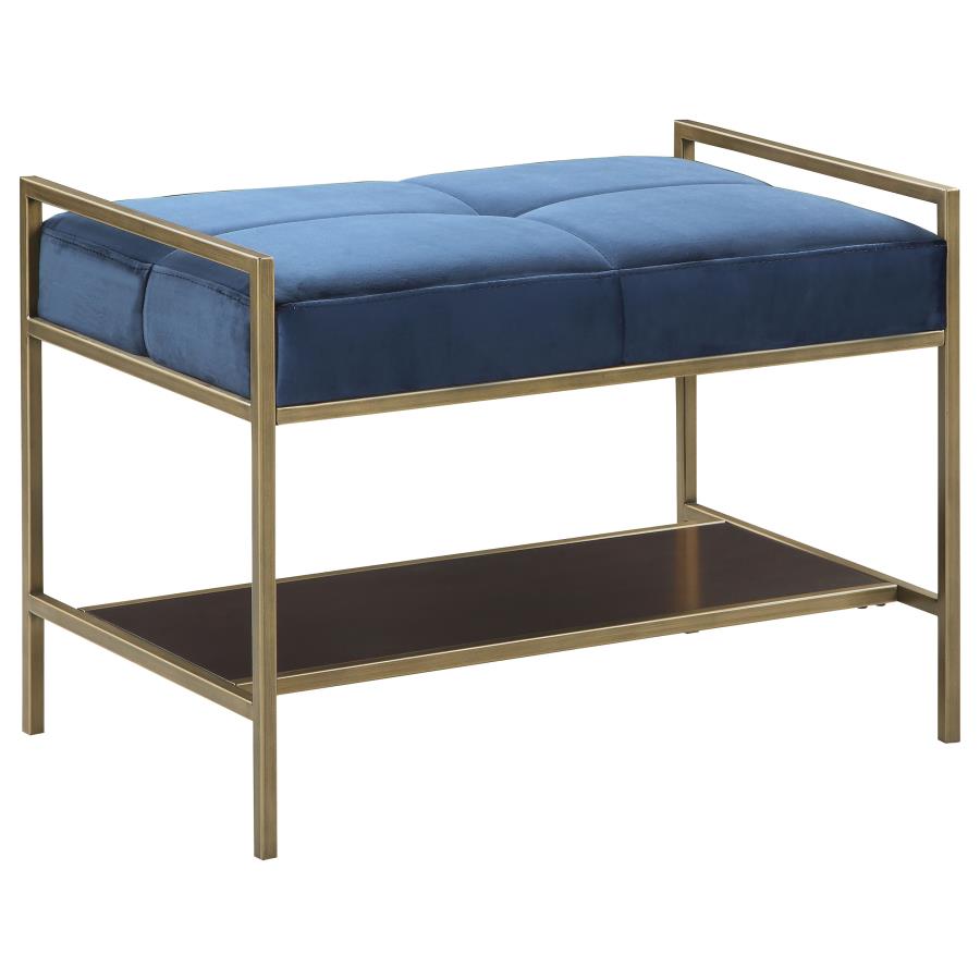 Maria Velvet Upholstered Bench with Shelf Navy Blue and Gold (image for) Maria Velvet Upholstered Bench with Shelf Navy Blue and Gold