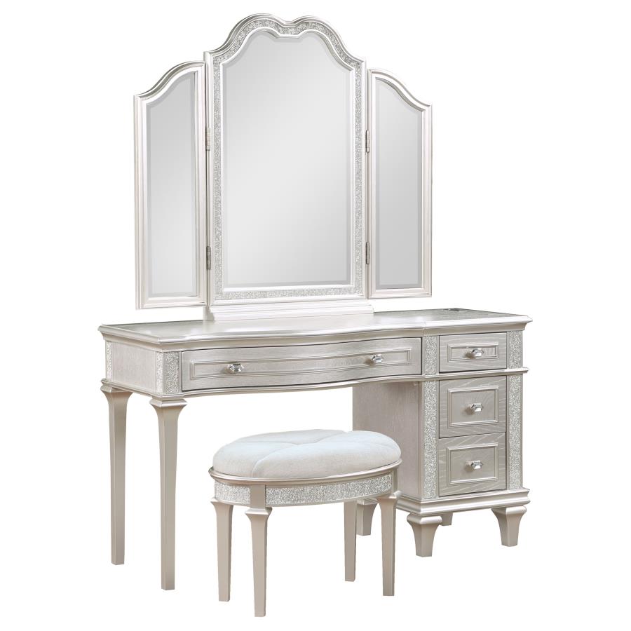 Evangeline 4-drawer Vanity Set with Stool Silver Oak (image for) Evangeline 4-drawer Vanity Set with Stool Silver Oak