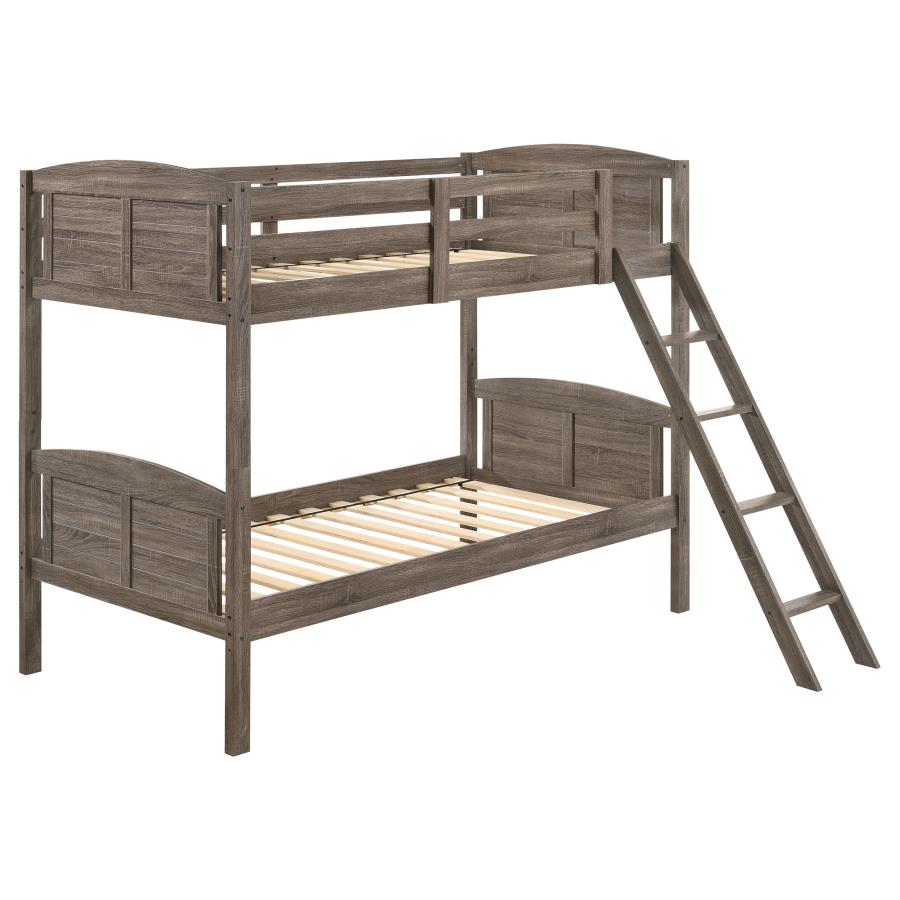 Flynn Wood Twin Over Twin Bunk Bed Weathered Brown (image for) Flynn Wood Twin Over Twin Bunk Bed Weathered Brown