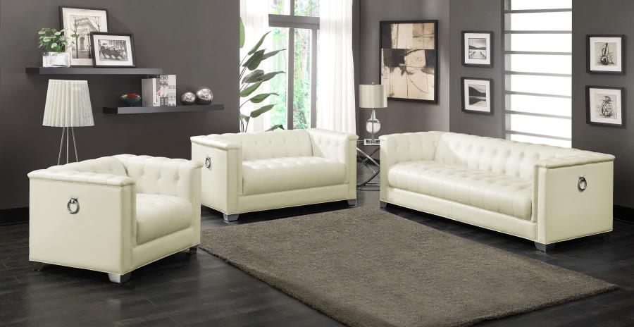 Chaviano 3-piece Upholstered Track Arm Sofa Set Pearl White (image for) Chaviano 3-piece Upholstered Track Arm Sofa Set Pearl White