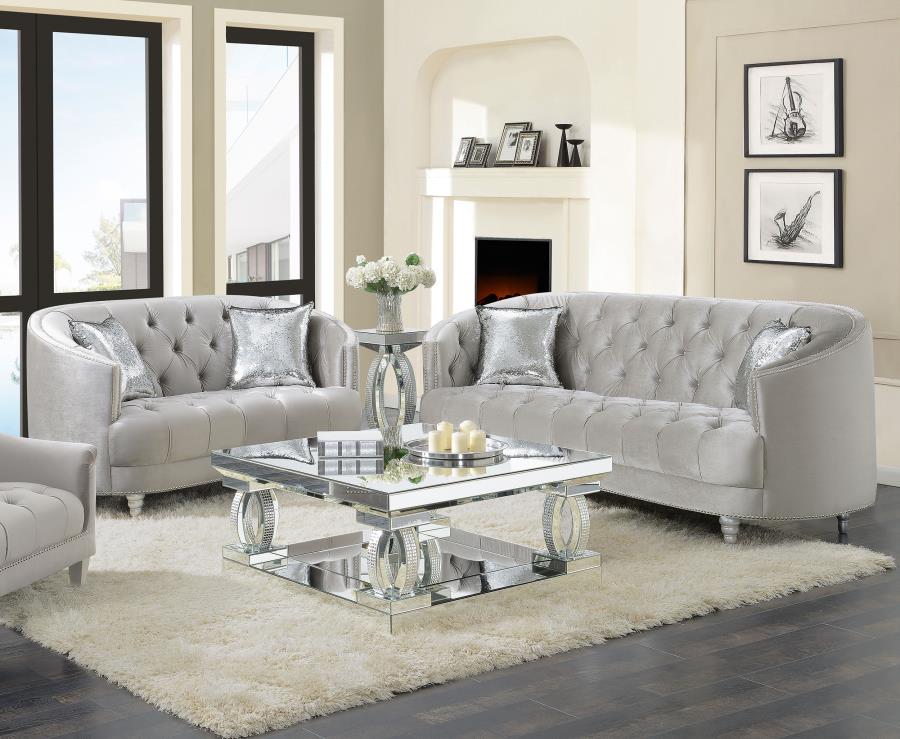 Avonlea 2-piece Upholstered Sloped Arm Sofa Set Grey Velvet (image for) Avonlea 2-piece Upholstered Sloped Arm Sofa Set Grey Velvet