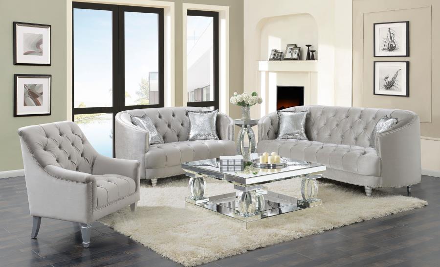 Avonlea 3-piece Upholstered Sloped Arm Sofa Set Grey Velvet (image for) Avonlea 3-piece Upholstered Sloped Arm Sofa Set Grey Velvet