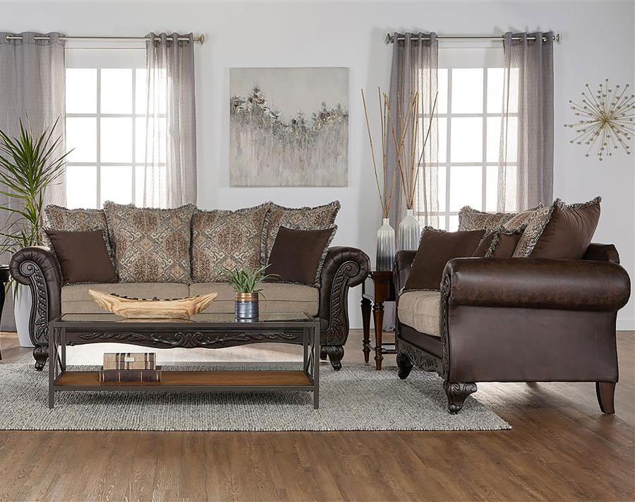 Elmbrook 2-piece Upholstered Rolled Arm Sofa Set Brown (image for) Elmbrook 2-piece Upholstered Rolled Arm Sofa Set Brown