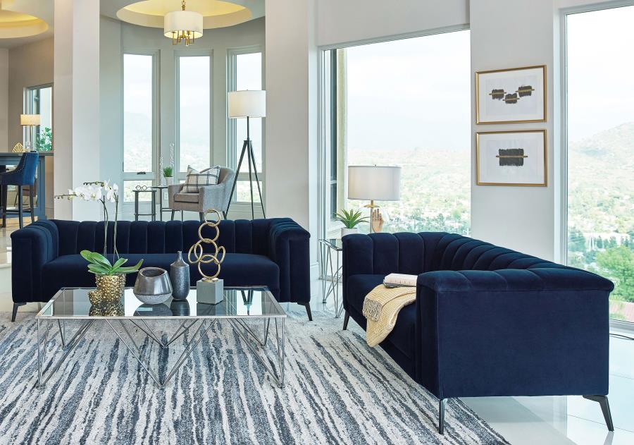 Chalet 2-piece Upholstered Tuxedo Arm Tufted Sofa Set Blue (image for) Chalet 2-piece Upholstered Tuxedo Arm Tufted Sofa Set Blue