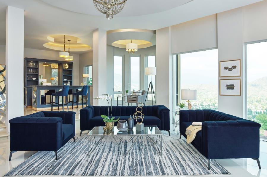 Chalet 3-piece Upholstered Tuxedo Arm Tufted Sofa Set Blue (image for) Chalet 3-piece Upholstered Tuxedo Arm Tufted Sofa Set Blue