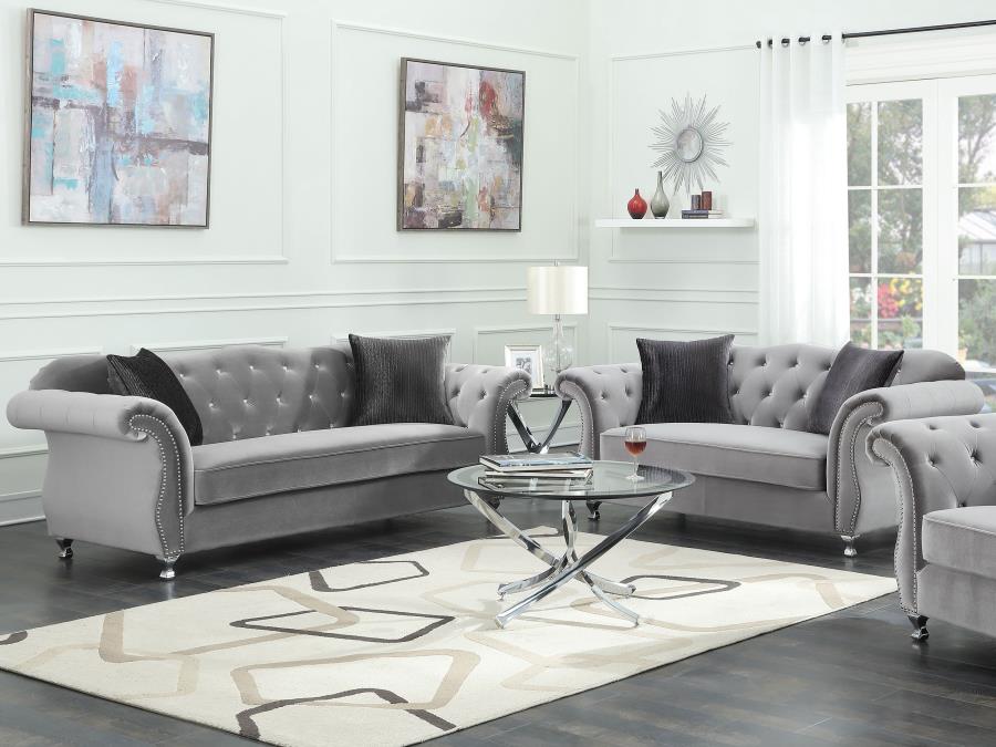 Frostine 2-piece Upholstered Tufted Sofa Set Silver (image for) Frostine 2-piece Upholstered Tufted Sofa Set Silver