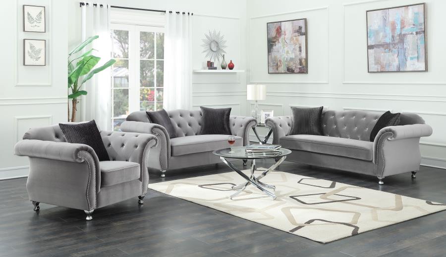 Frostine 3-piece Upholstered Tufted Sofa Set Silver (image for) Frostine 3-piece Upholstered Tufted Sofa Set Silver