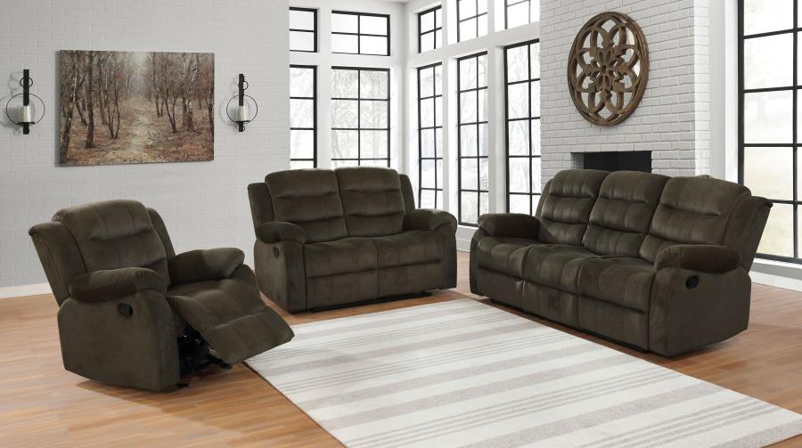 Rodman 3-piece Upholstered Reclining Sofa Set Olive Brown (image for) Rodman 3-piece Upholstered Reclining Sofa Set Olive Brown