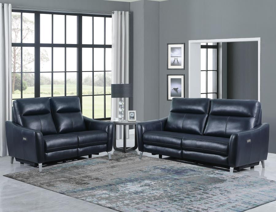Derek 2-piece Upholstered Power Reclining Sofa Set Blue (image for) Derek 2-piece Upholstered Power Reclining Sofa Set Blue