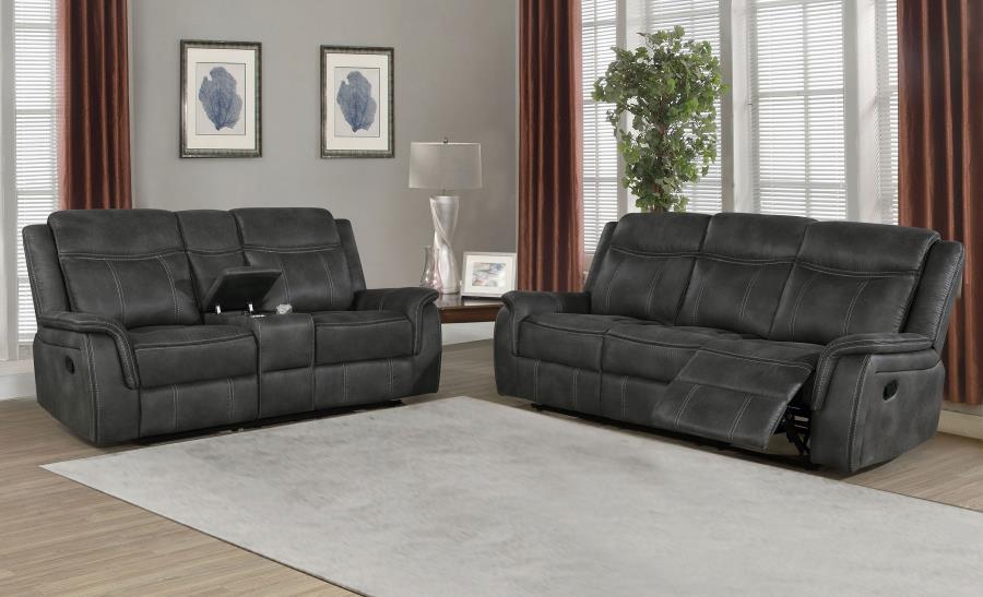 Lawrence 2-piece Upholstered Reclining Sofa Set Charcoal (image for) Lawrence 2-piece Upholstered Reclining Sofa Set Charcoal