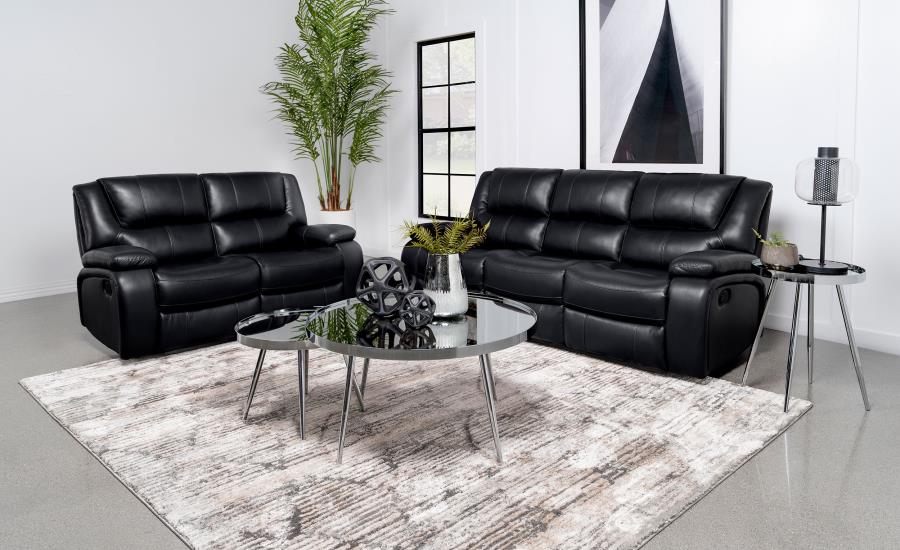 Camila 2-piece Upholstered Motion Reclining Sofa Set Black (image for) Camila 2-piece Upholstered Motion Reclining Sofa Set Black