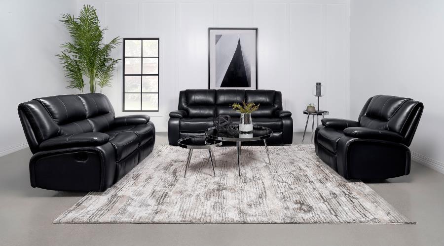 Camila 3-piece Upholstered Motion Reclining Sofa Set Black (image for) Camila 3-piece Upholstered Motion Reclining Sofa Set Black