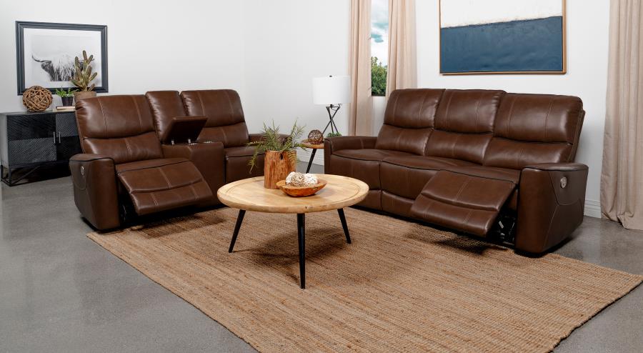Greenfield 2-piece Power Reclining Sofa Set Saddle Brown (image for) Greenfield 2-piece Power Reclining Sofa Set Saddle Brown