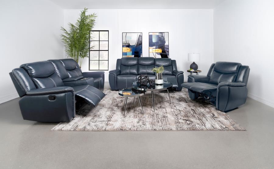 Sloane 3-piece Upholstered Reclining Sofa Set Blue (image for) Sloane 3-piece Upholstered Reclining Sofa Set Blue