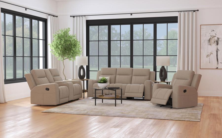 Brentwood 3-piece Upholstered Reclining Sofa Set Taupe (image for) Brentwood 3-piece Upholstered Reclining Sofa Set Taupe