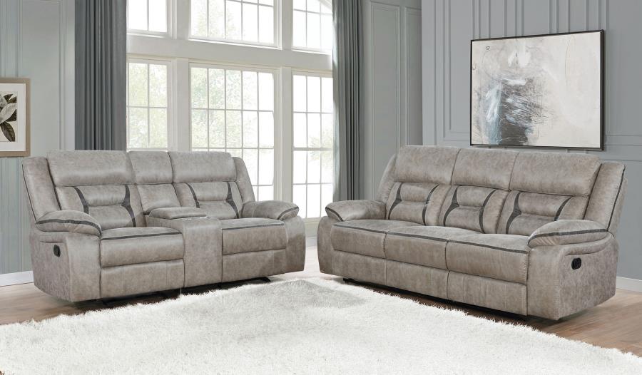 Greer 2-piece Upholstered Reclining Sofa Set Taupe (image for) Greer 2-piece Upholstered Reclining Sofa Set Taupe