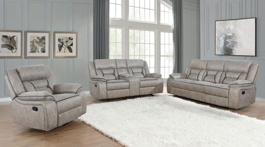 Greer 3-piece Upholstered Reclining Sofa Set Taupe (image for) Greer 3-piece Upholstered Reclining Sofa Set Taupe