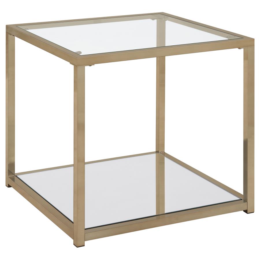 Cora Glass Top End Table Mirrored Shelf Chocolate Chrome (image for) Cora Glass Top End Table Mirrored Shelf Chocolate Chrome