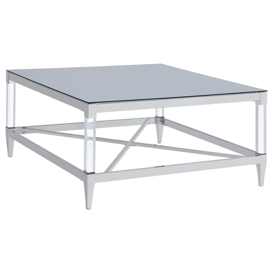 Lindley Square Tempered Mirror Acrylic Coffee Table Chrome (image for) Lindley Square Tempered Mirror Acrylic Coffee Table Chrome