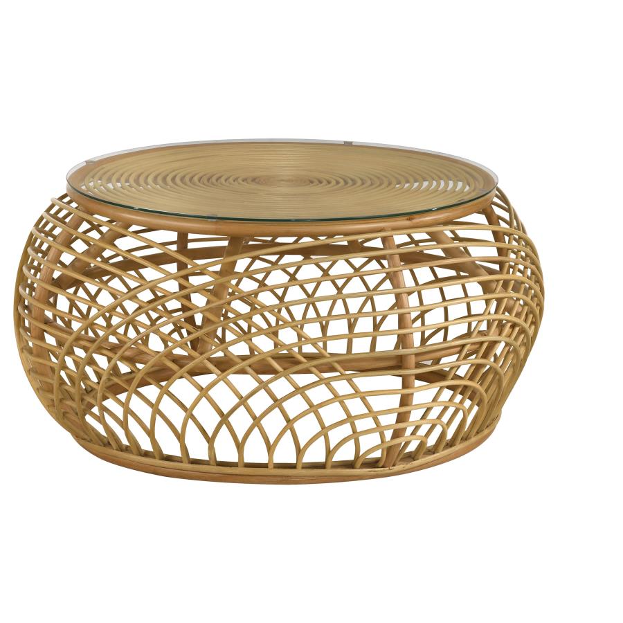 Dahlia Round Glass Top Woven Rattan Coffee Table Natural (image for) Dahlia Round Glass Top Woven Rattan Coffee Table Natural