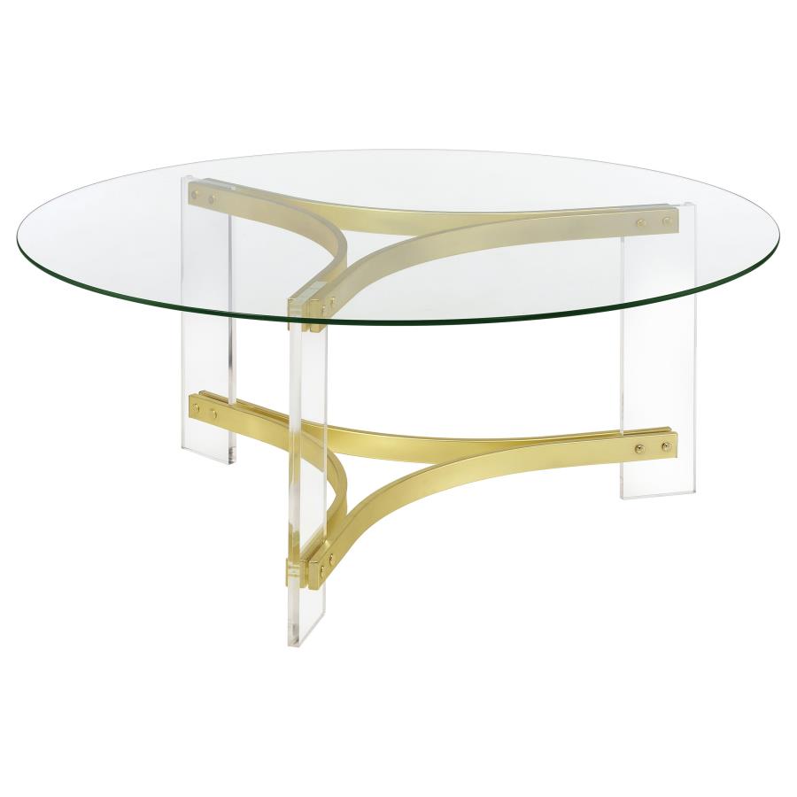 Janessa Round Glass Top Acrylic Leg Coffee Table Matte Brass (image for) Janessa Round Glass Top Acrylic Leg Coffee Table Matte Brass