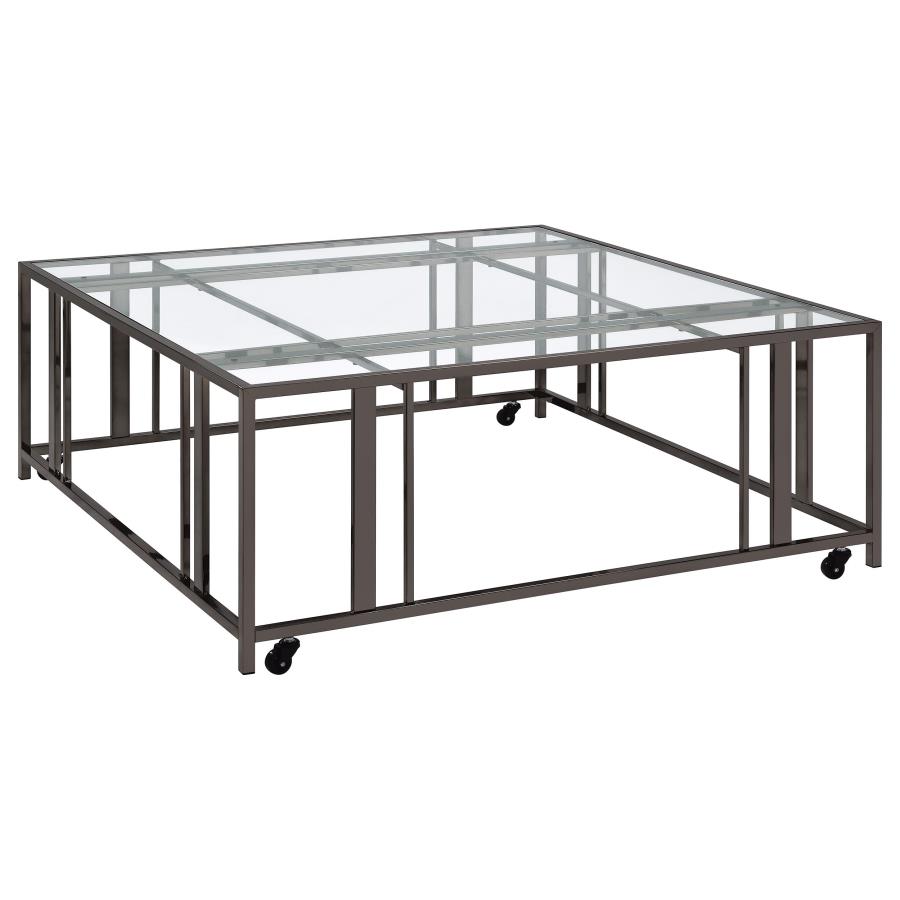 Adri Square Glass Top Coffee Table with Casters Black Nickel (image for) Adri Square Glass Top Coffee Table with Casters Black Nickel