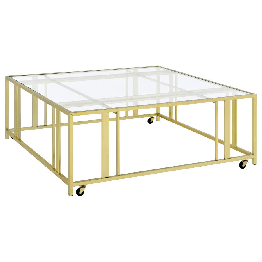 Adri Square Glass Top Coffee Table with Casters Matte Brass (image for) Adri Square Glass Top Coffee Table with Casters Matte Brass