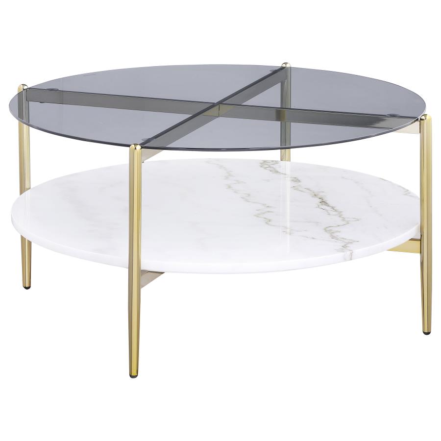 Jonelle Round Glass Top Coffee Table White Marble Shelf Gold (image for) Jonelle Round Glass Top Coffee Table White Marble Shelf Gold