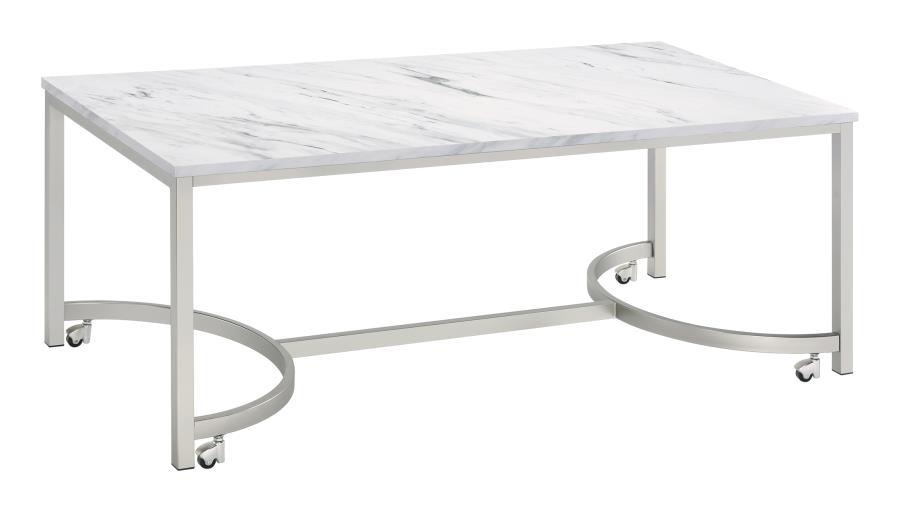 Leona Faux Marble Coffee Table with Casters Satin Nickel (image for) Leona Faux Marble Coffee Table with Casters Satin Nickel