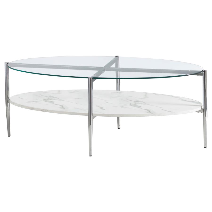 Cadee Oval Glass Top Coffee Table White and Chrome (image for) Cadee Oval Glass Top Coffee Table White and Chrome