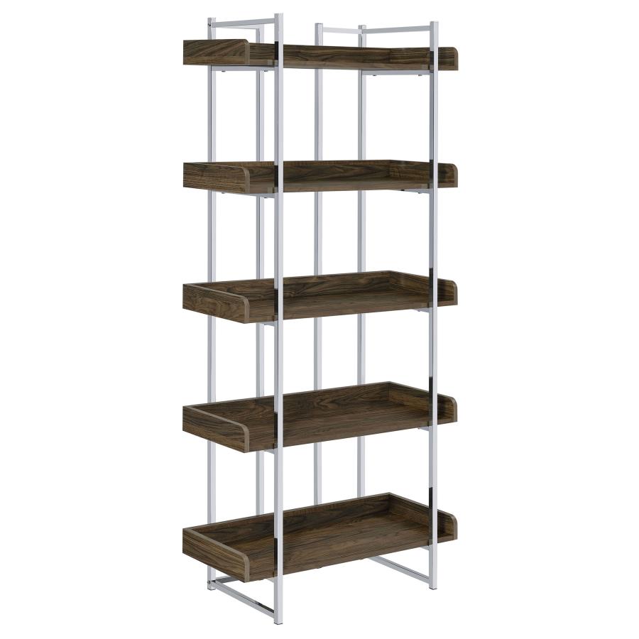 Angelica 70-inch 5-shelf Bookshelf Walnut and Chrome (image for) Angelica 70-inch 5-shelf Bookshelf Walnut and Chrome