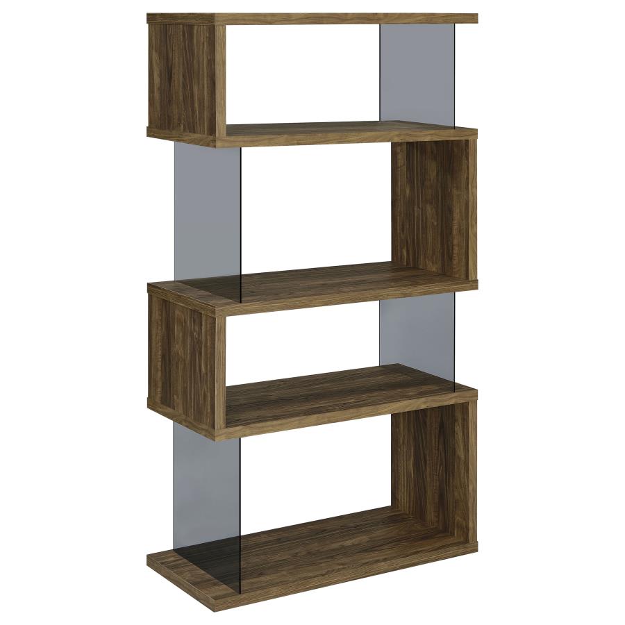 Emelle 63-inch 4-shelf Glass Panel Bookshelf Aged Walnut (image for) Emelle 63-inch 4-shelf Glass Panel Bookshelf Aged Walnut