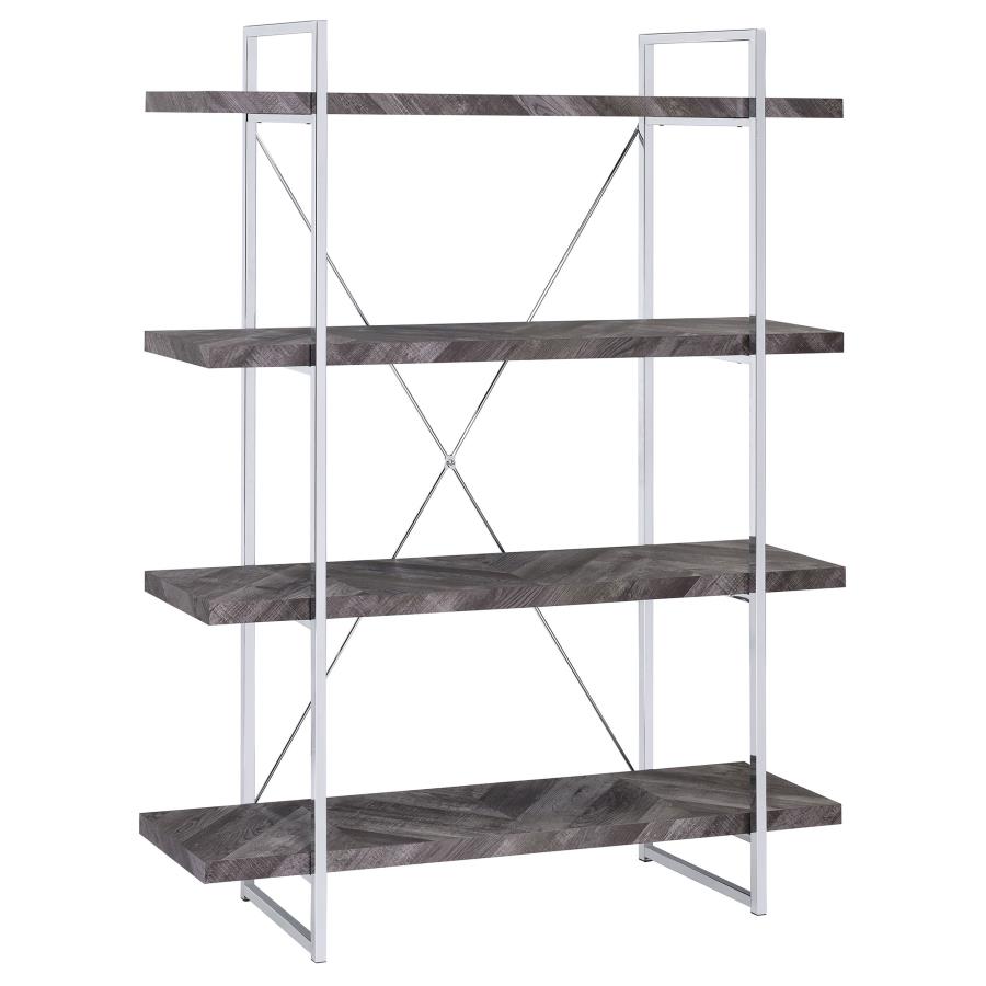 Grimma 63-inch 4-shelf Bookshelf Rustic Grey and Chrome (image for) Grimma 63-inch 4-shelf Bookshelf Rustic Grey and Chrome