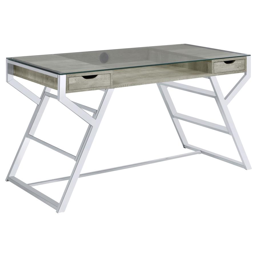 Emelle 56-inch Glass Top Writing Desk Grey Driftwood (image for) Emelle 56-inch Glass Top Writing Desk Grey Driftwood