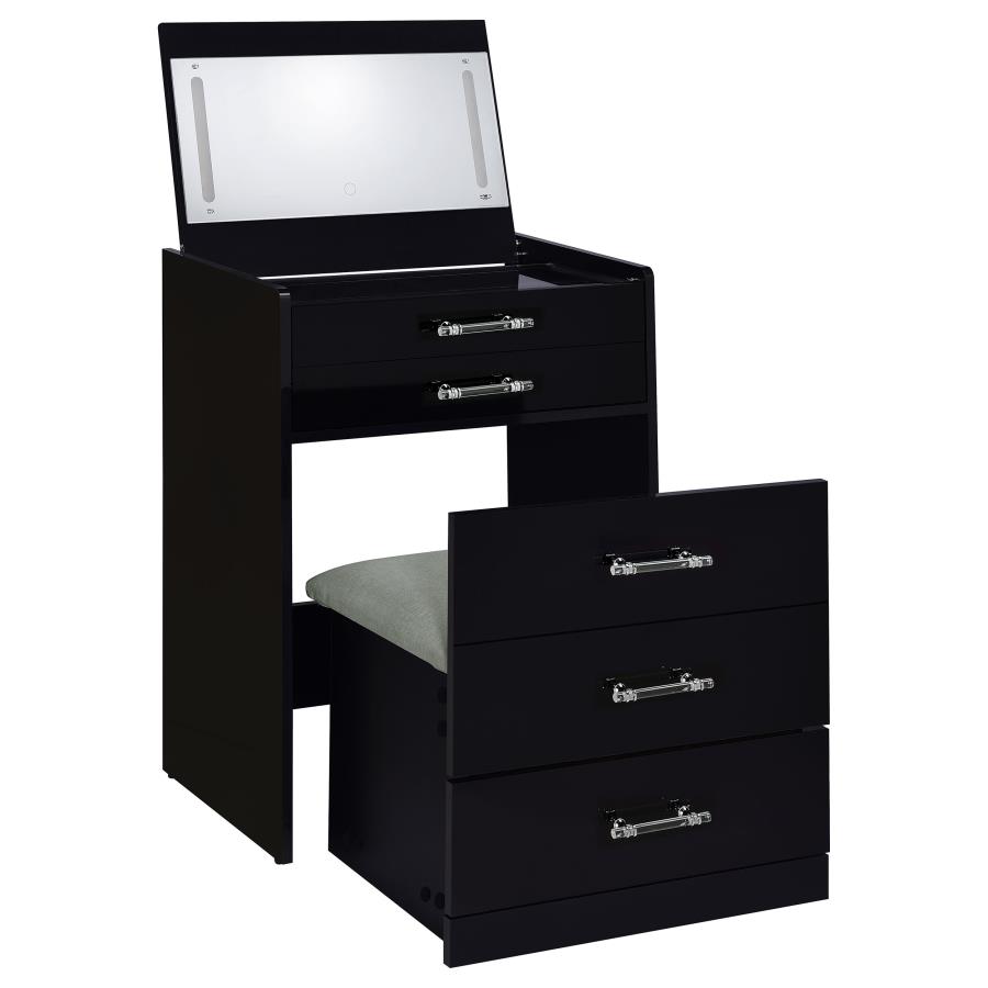 Danbury 3-drawer Makeup Vanity & Stool Set Black High Gloss (image for) Danbury 3-drawer Makeup Vanity & Stool Set Black High Gloss