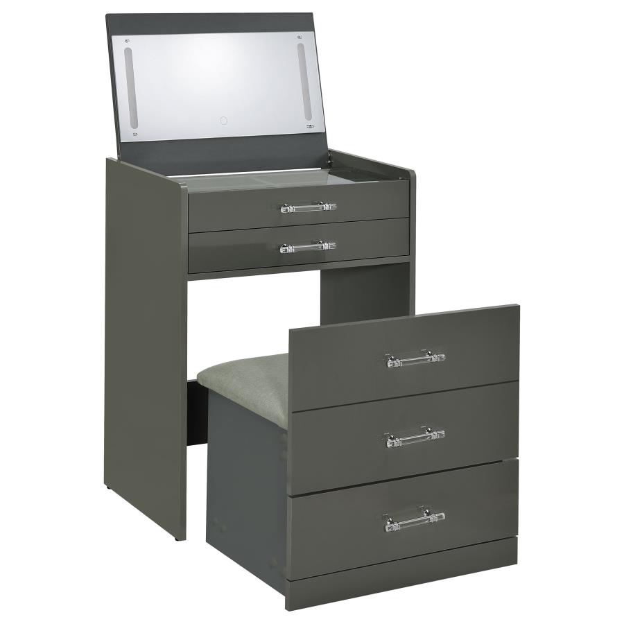 Danbury 3-drawer Makeup Vanity & Stool Set Grey High Gloss (image for) Danbury 3-drawer Makeup Vanity & Stool Set Grey High Gloss