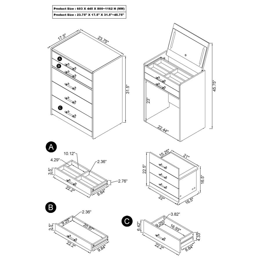 Modal Additional Images for Danbury 3-drawer Makeup Vanity & Stool Set Grey High Gloss