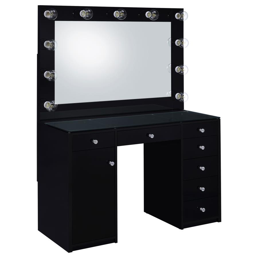 Acena 7-drawer Vanity Set with Lighting Black High Gloss (image for) Acena 7-drawer Vanity Set with Lighting Black High Gloss