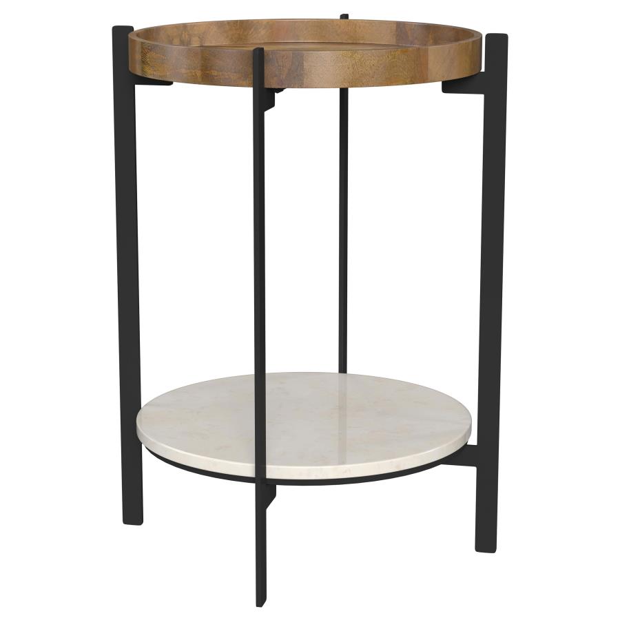 Adhvik Round Side Table with Marble Shelf Natural and Black (image for) Adhvik Round Side Table with Marble Shelf Natural and Black