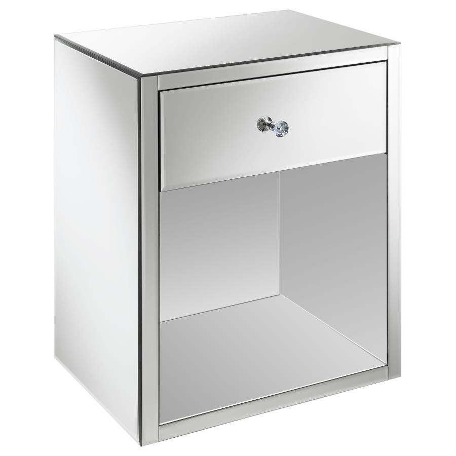 Coquette 1-drawer Mirrored Accent Side Table Silver (image for) Coquette 1-drawer Mirrored Accent Side Table Silver