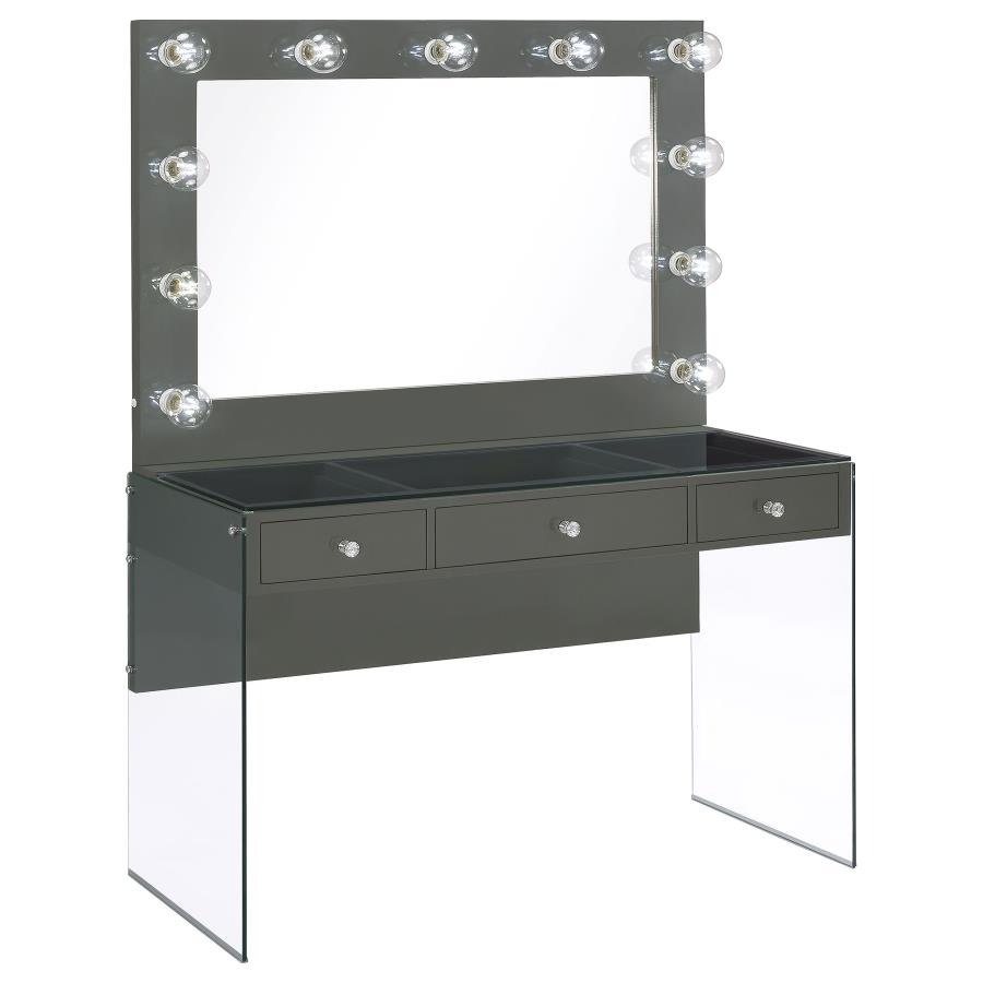 Afshan 3-drawer Vanity Set with Lighting Grey High Gloss (image for) Afshan 3-drawer Vanity Set with Lighting Grey High Gloss