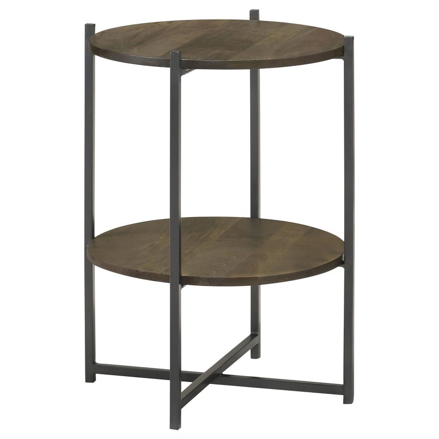 Axel Round Accent Table with Open Shelf Natural and Gunmetal (image for) Axel Round Accent Table with Open Shelf Natural and Gunmetal