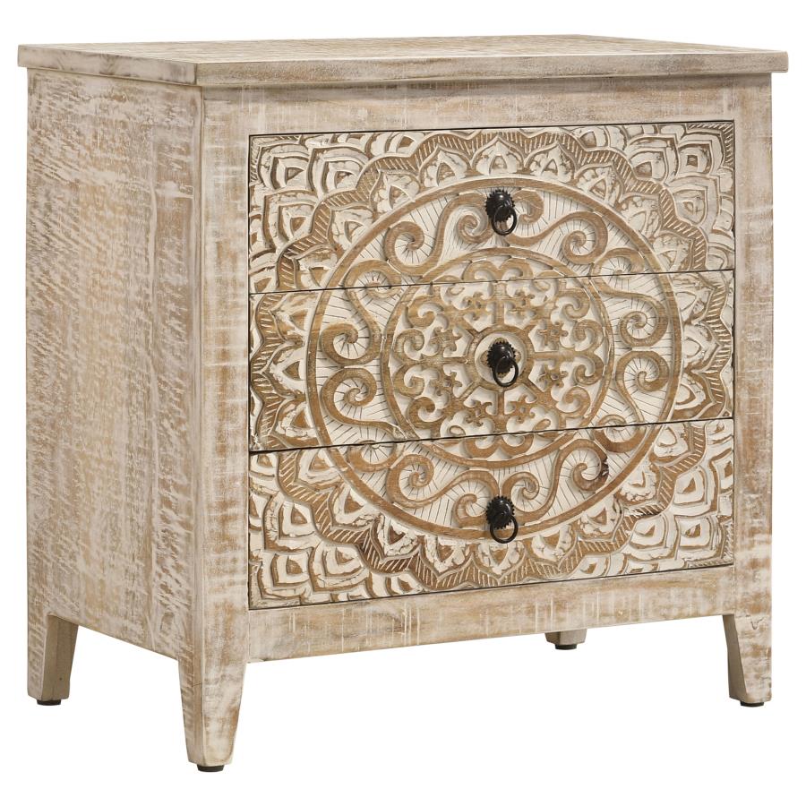 Mariska 3-drawer Wood Mandala Cabinet Distressed White (image for) Mariska 3-drawer Wood Mandala Cabinet Distressed White